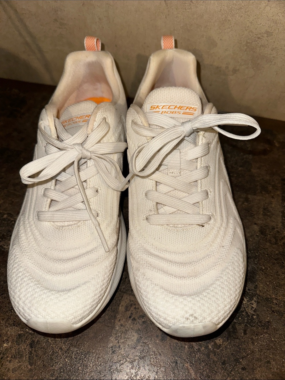 Skechers Cream Knit Lace-Up Sneakers with Peach Accents